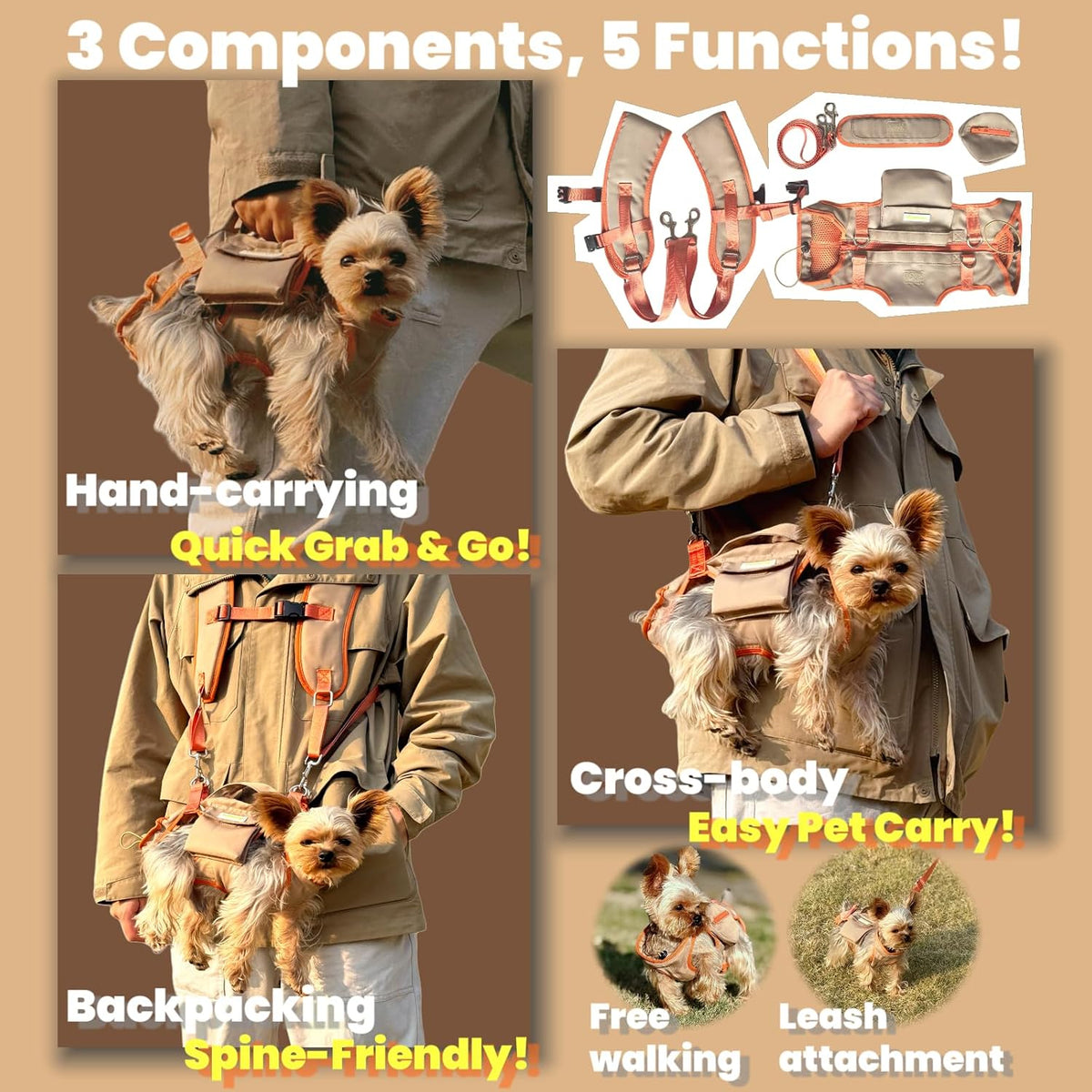 Pet Carrier Sling & Backpack, Full Body Lift Harness, Soft Lift Support and Rehab Harness for Small Dogs and Cats (Khaki, XXS)