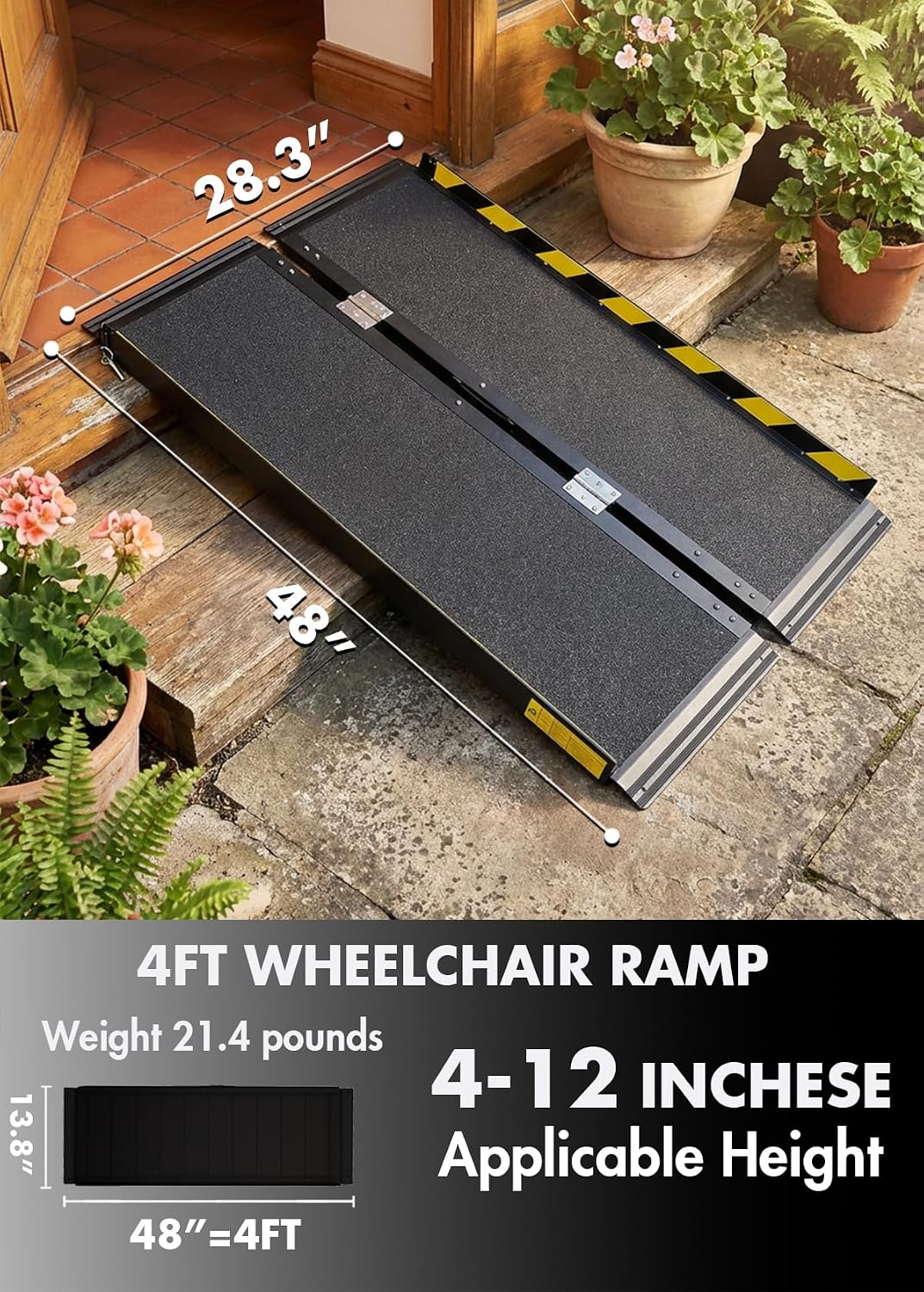 4FT Black Portable Wheelchair Ramp for Home Steps, Non-Skid Aluminum Ramp