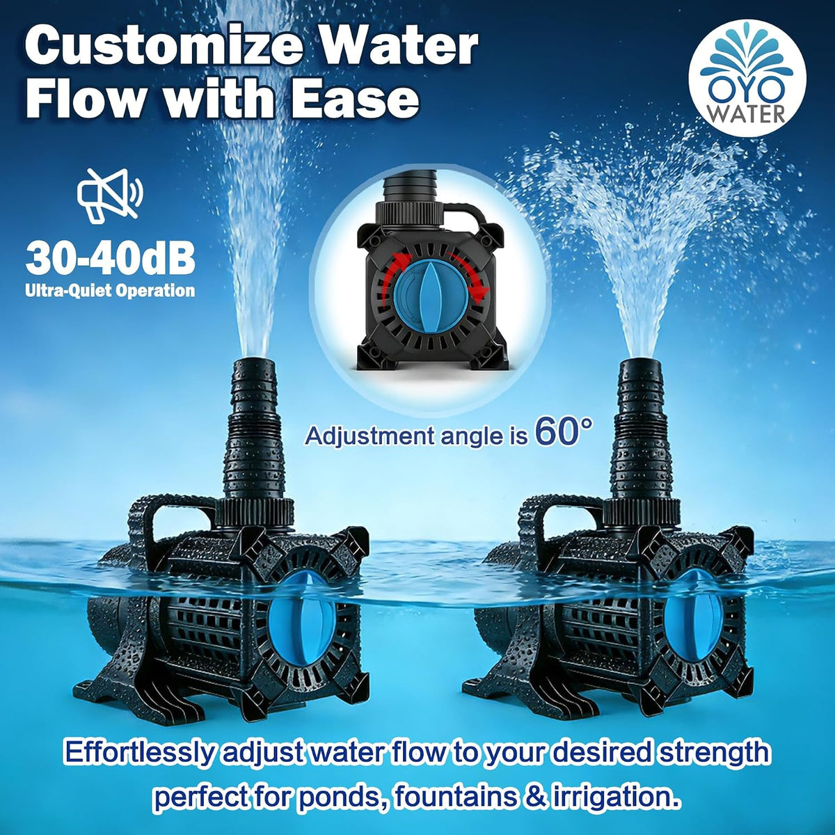 OYO WATER Pond Pump, 5100 GPH Adjustable Flow Submersible Water Pump with Filter Bag, UL Listed Copper Motor, IPX8 Waterproof 20.3ft Cord for Koi Pond, Fountain, Waterfall, Hydroponics, Irrigation