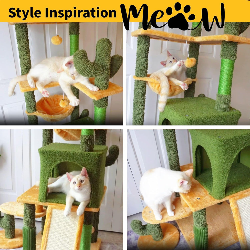 DWVO Cactus Cat Tree for Large Cats: 60" Tall with Self-Grooming Brush