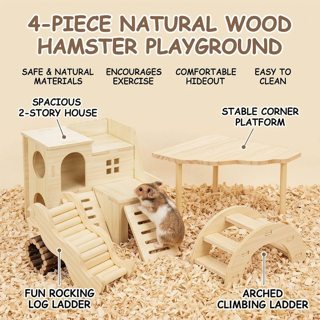 4-Piece Hamster Cage Accessories Set, Wooden Platform, Hideout Tunnel, Ladder and Climbing Playhouse for Dwarf Hamsters, Syrian Hamsters, Mice, Gerbils, Degus and Small Pets