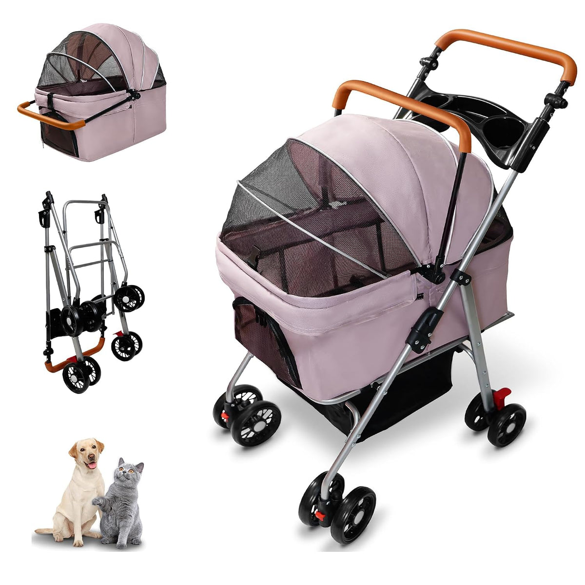 Pet Stroller with Storage Basket and Cup Holder, Folding Dog Jogger, Foldable Cat Stroller, 3 in 1 Puppy Kitten Cart, Pet Jogger for Medium Dog Cat (Magic Black)