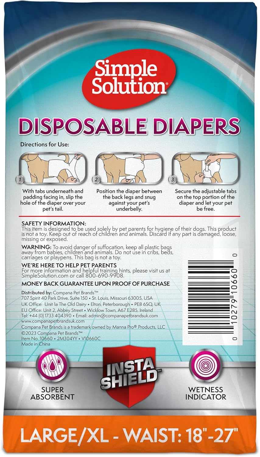 Simple Solution Female Dog Diapers, Disposable Dog Diapers, L/XL, 30 Count