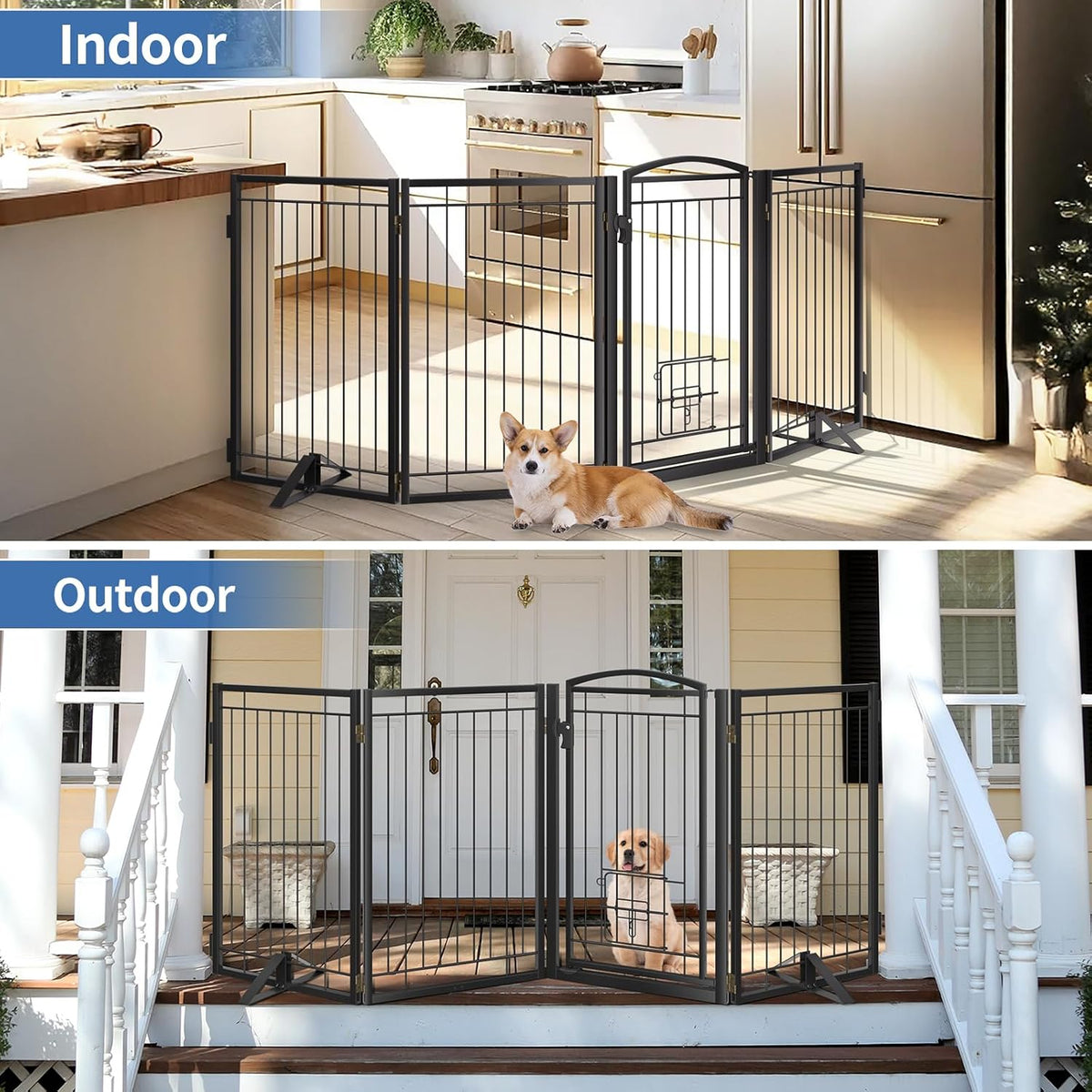 Full Metal Freestanding Dog Gate with Cat Door for Indoor & Outdoor,32" Tall 80" Extra Wide Foldable Dog Fence,Free Standing Pet Gate for Stairs,Porch,Deck,Yard,Doorways(Black)