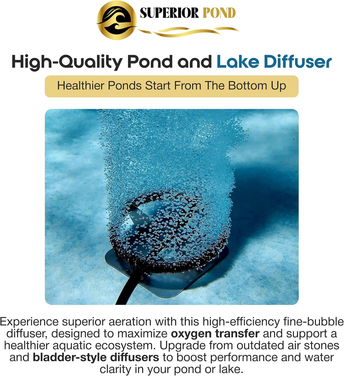 Superior Pond Fine Bubble Lake Diffuser – Outdoor Aeration, Made in USA