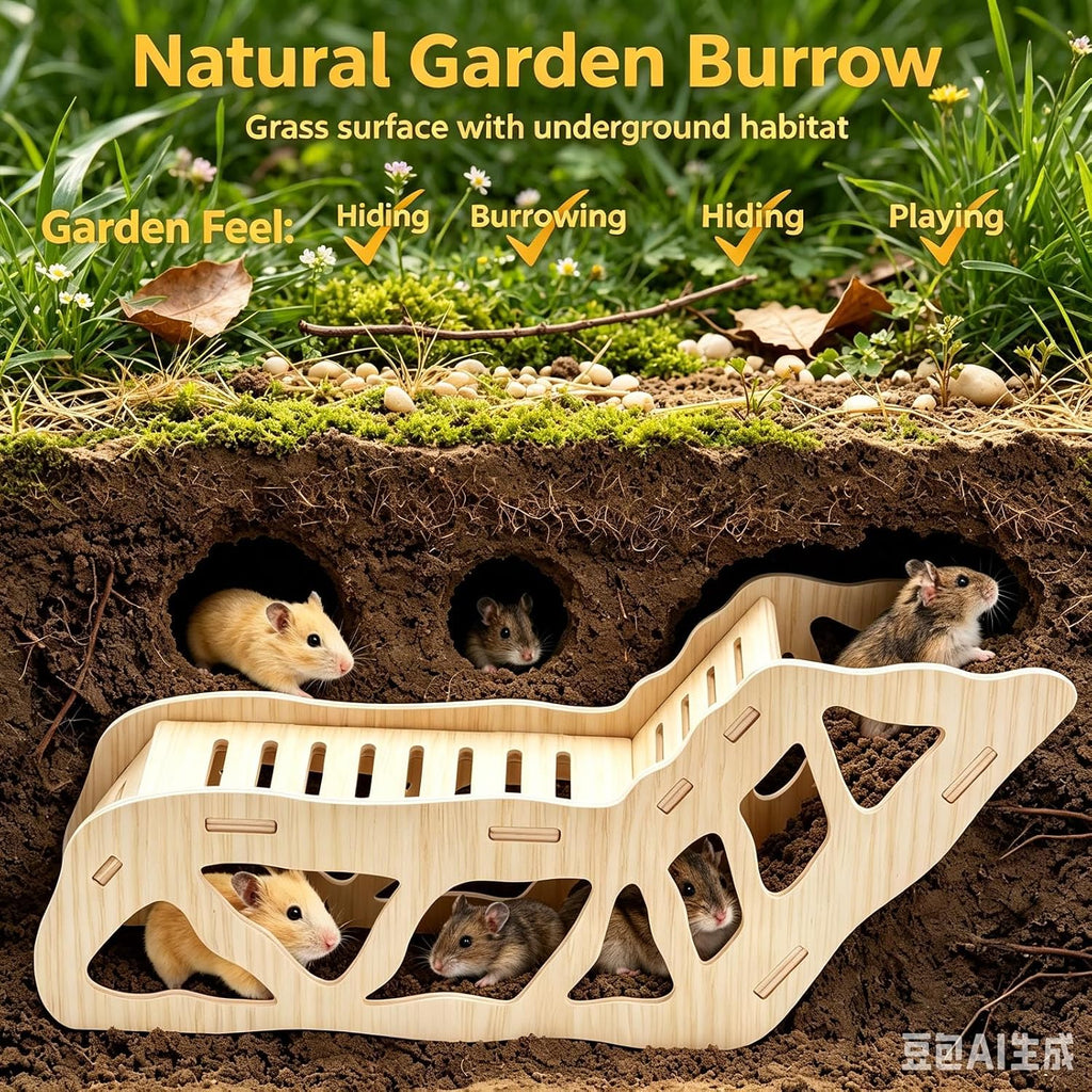 3-Piece Hamster Wooden Platform Play Set with Ladder Tunnel, Natural Wood Hamster Cage Accessories, Small Animal Climbing Stand Hideout for Dwarf Syrian Hamsters Gerbils Mice Rats