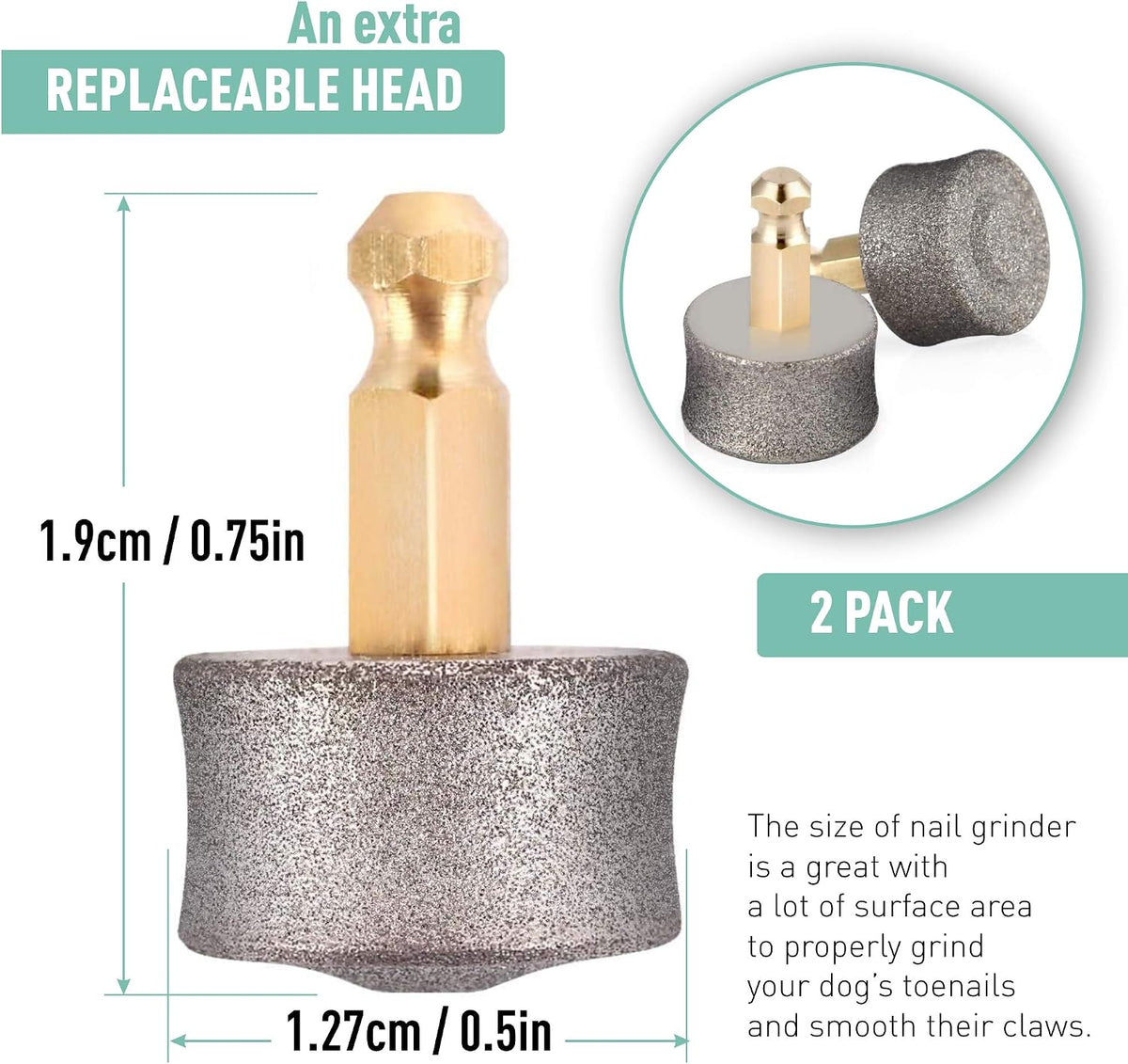 REXIPETS Dog Nail Grinder Replacement Head - Pet Nail Grinder Diamond Tip for Paws- 2 Pack Professional Dog Claw Grinder Bits Replaceable Diamond Nail Grinder Wheel (Tall)