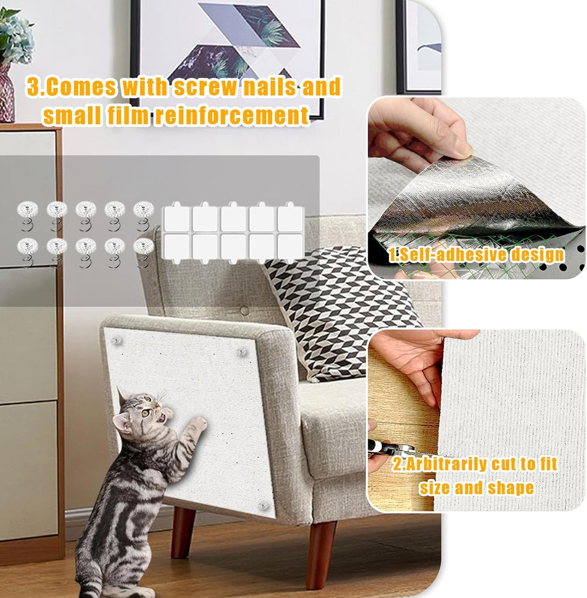 Cat Scratch Mat,78.8"x15.9" Trimmable Self-Adhesive Cat Scratch Furniture Protector, Sticky Cat Scratcher Wall Mat, Covering Cats Tower, Couch Protector from Cats Claws (White)