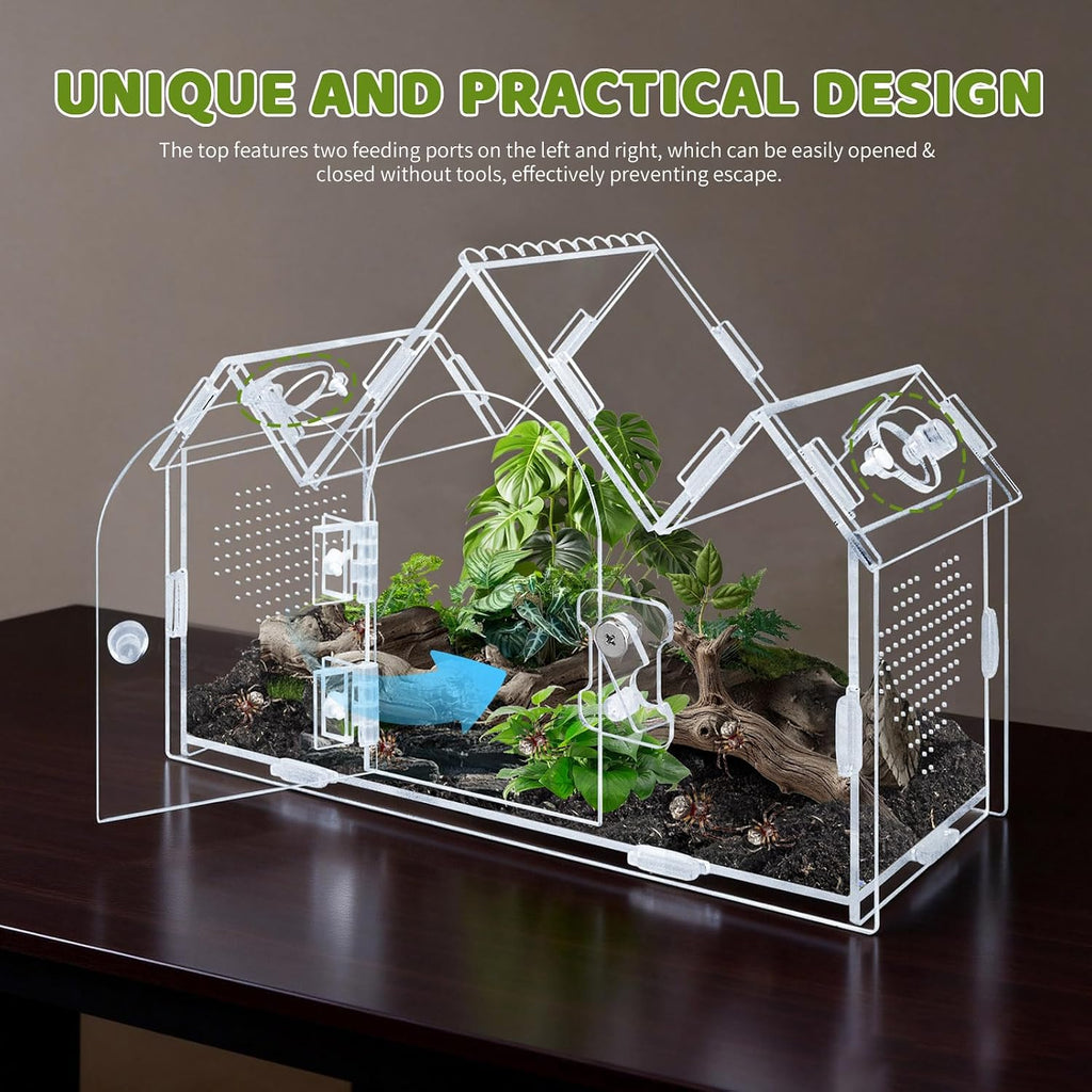Castle Style Jumping Spider Enclosure, 9.5"x4.3"x6.7"Acrylic Cabin Terrarium with Front Opening Door & Feeding Holes, Insect Terrarium Kit