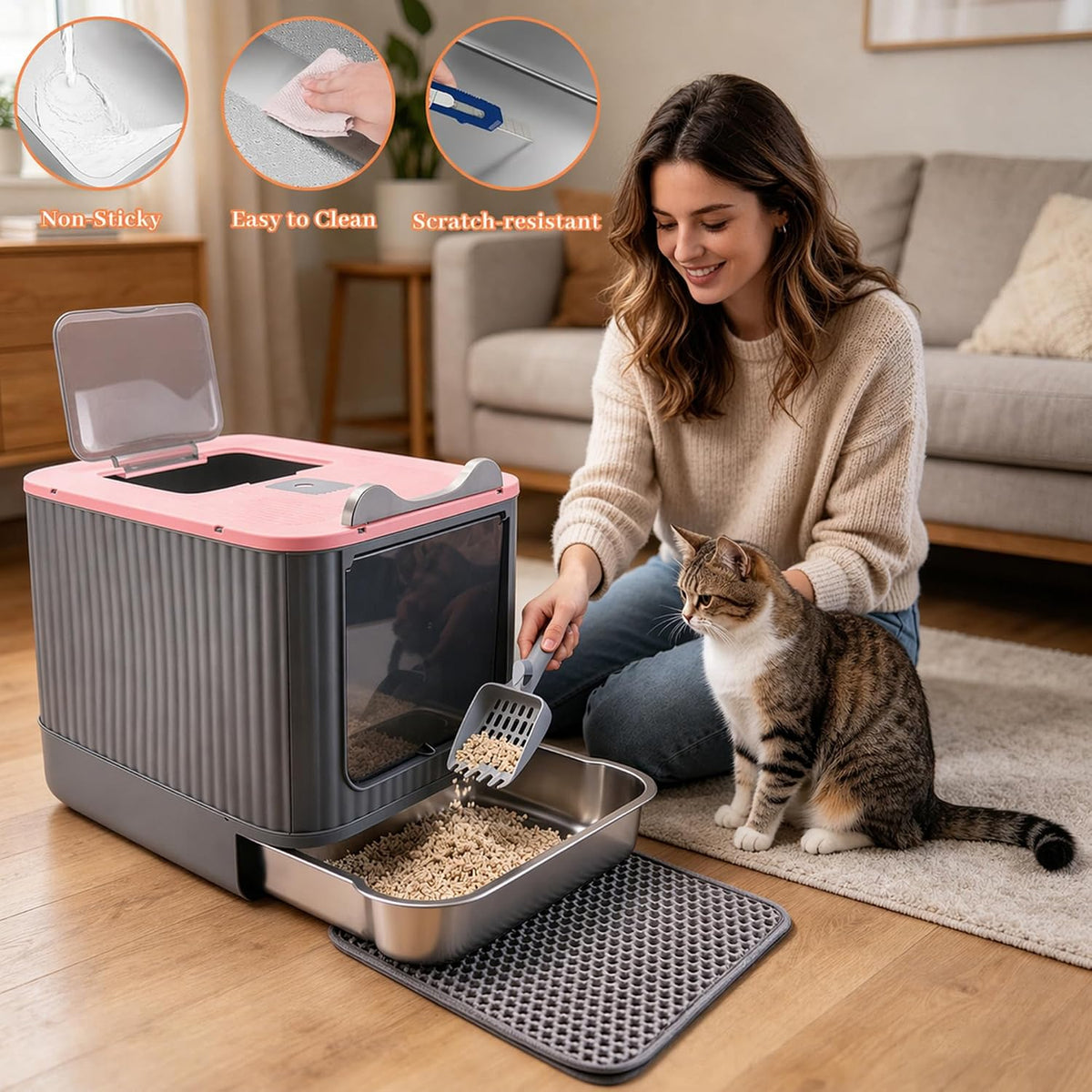 Stainless Steel Cat Litter Box Enclosed, Small, Dual Entry, Pull-Out Tray