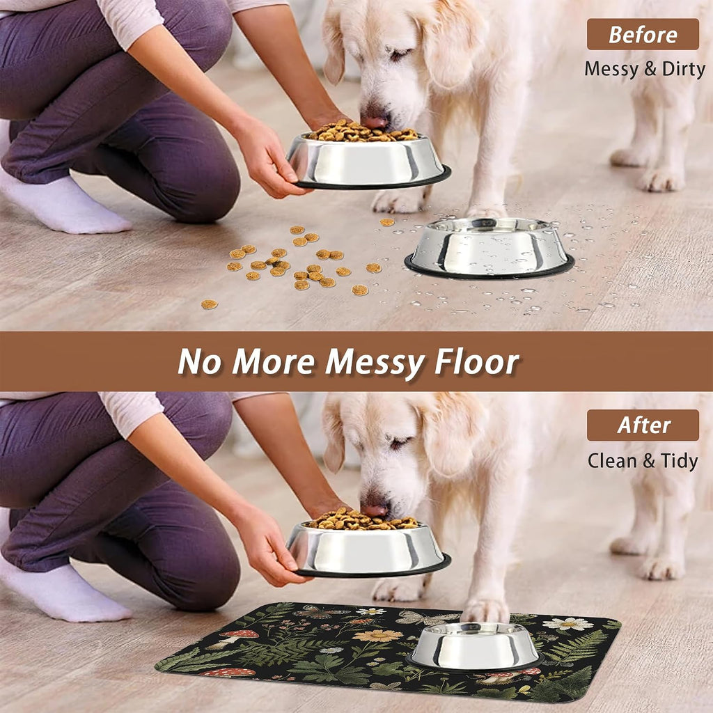 Red Mushroom Pet Feeding Mat,Fern Herb Butterfly Absorbent Quick-Dry Cat Dog Food and Water Bowl Mats,Non-Slip Rubber Backing Mat,Cat Dog Accessories Supplies 16"x24"