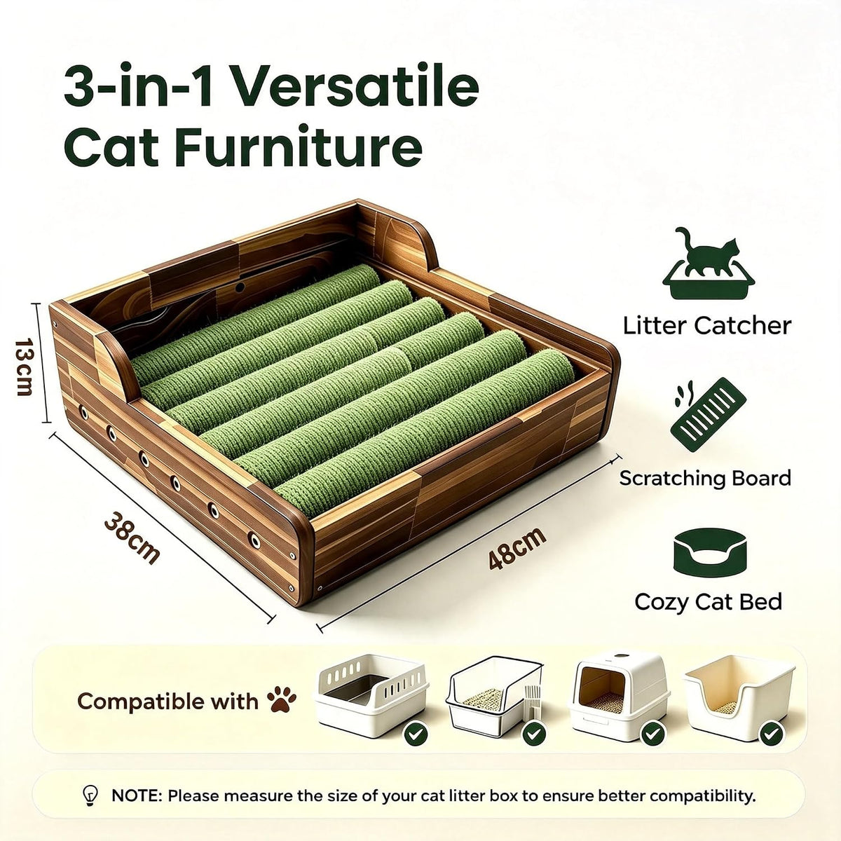 Cat Litter Box Step, 3‑in‑1 Cat Scratch Post,Cat Bed Scratcher (Natural)