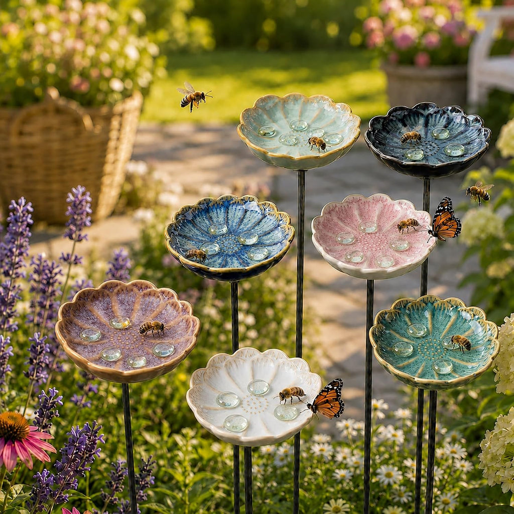 2 Pack Ceramic Bee Watering Station with Stake, Bee Bath for Garden (White)