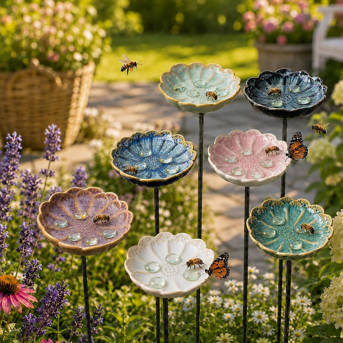 2 Pack Ceramic Bee Watering Station with Stake, Bee Bath for Garden (White)