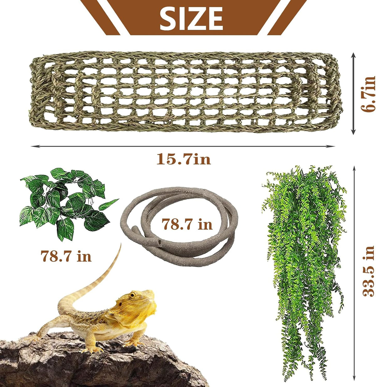 Bearded Dragon Hammock,Large Lizard Lounger,Reptile Tank Hanging Plants Climbing Jungle Vines Flexible Leaves Decorations for Lizards Chameleon Gecko Snakes(3 PCS)
