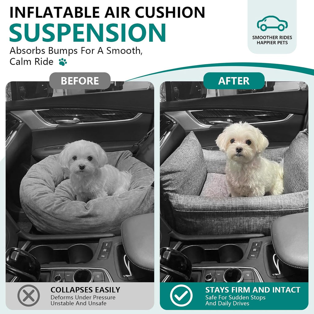 Waterproof Dog Car Seat for Small Dogs, Inflatable Pet Booster Seat with Dual Safety Straps, Portable Dog Travel Bed with Storage Pockets, Washable Cover & Cushion, Grey