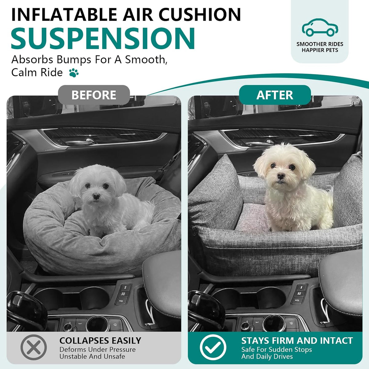 Waterproof Dog Car Seat for Small Dogs, Inflatable Pet Booster Seat with Dual Safety Straps, Portable Dog Travel Bed with Storage Pockets, Washable Cover & Cushion, Grey