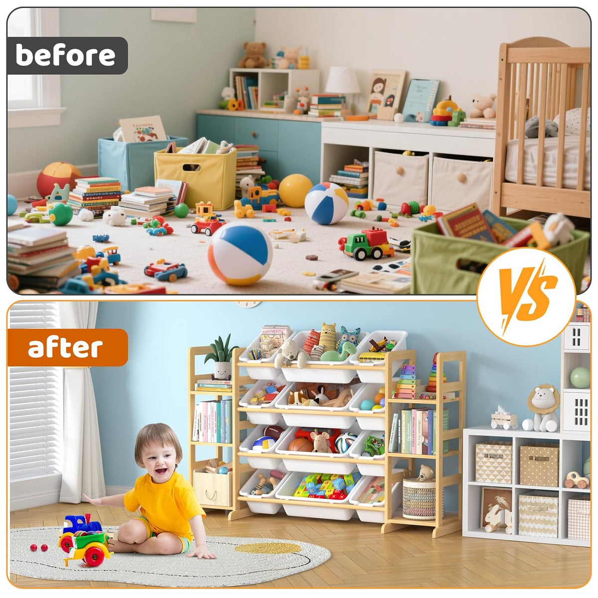 Large Toy Storage Organizer Kids Toy Organizer and Bookshelf Combo with 12 Bins and 6 Shelves Toy Organization Box Toy Shelf for Playroom, Bedroom, Nursery