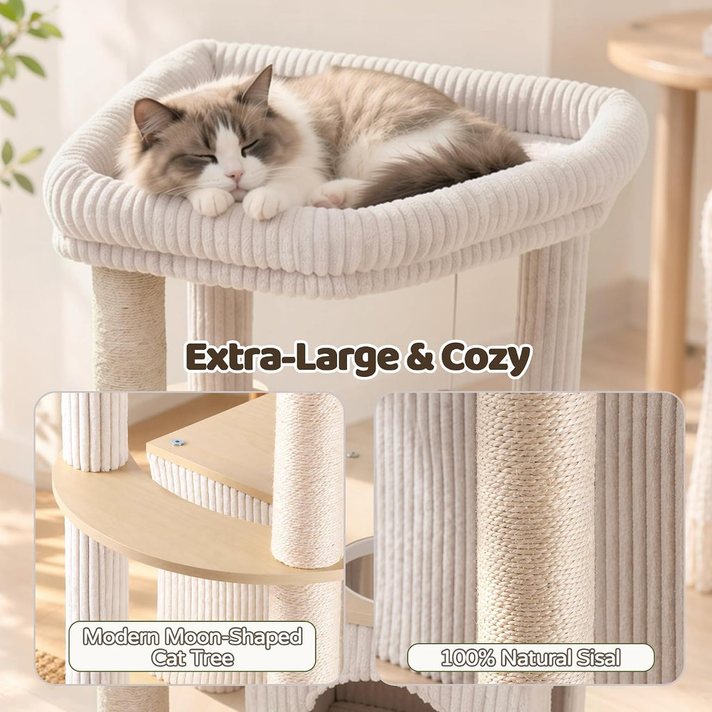 Wood Cat Tree for Large Cats, Modern Cat Tower with Condo, Removable Washable Perch Bed for Indoor and Senior Cats, Beige