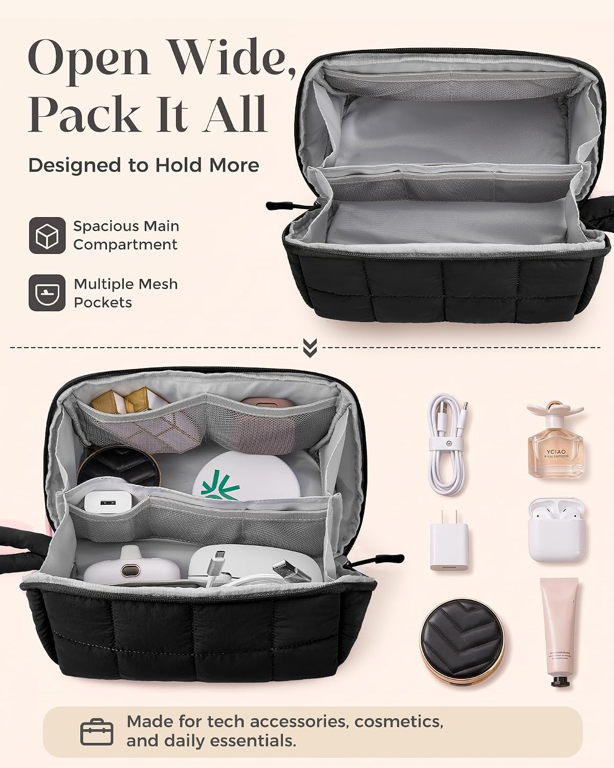 ProCase Travel Electronic Organizer Pouch, Puffy Tech Pouch -L, Black