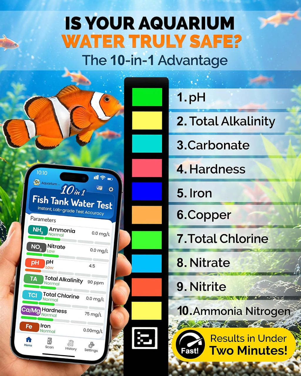 Digital Aquarium Water Test Kit, App-Enabled 10-in-1 Fish Tank Test Kit for Freshwater & Saltwater, Aquarium Test Strips for Fish Tanks, Reef, pH, Ammonia, Nitrate, Nitrite, GH, KH, Chlorine
