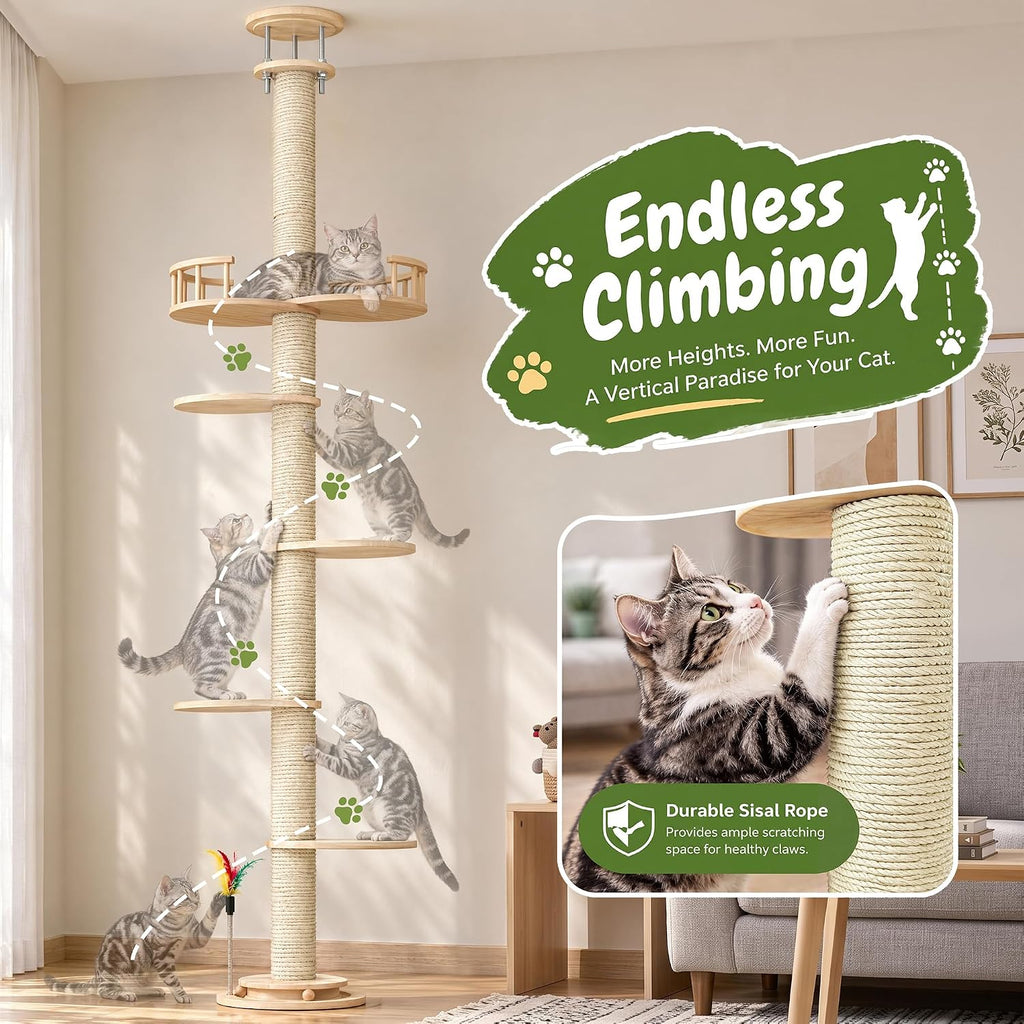 Floor to Ceiling Cat Tree, 80-94" Adjustable Wood Cat Tower, Beige