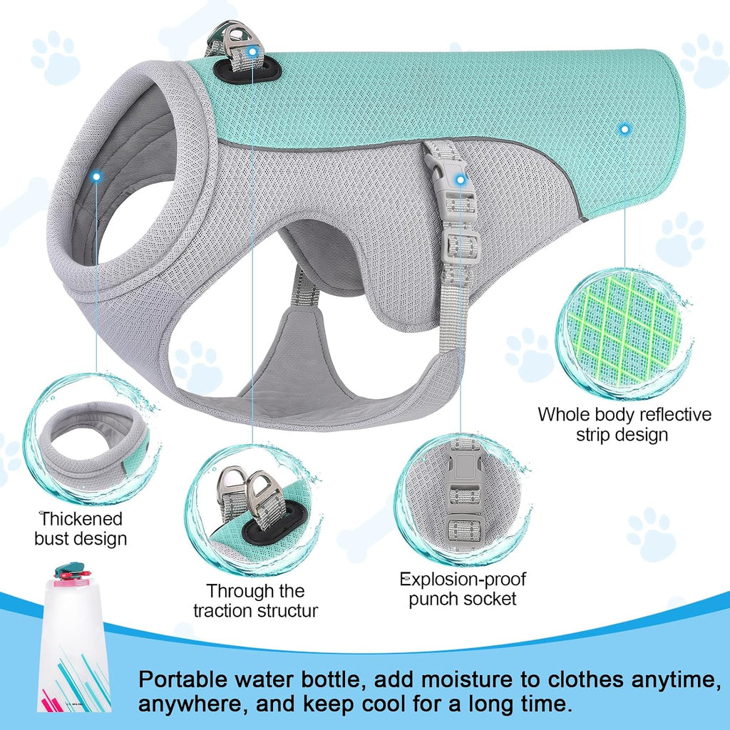 Guzekier Dog Cooling Vest Harness Cooler Jacket with Portable Water Bottle, for Walking, Outdoor Camping and Hunting Training (XL, Blue, White)
