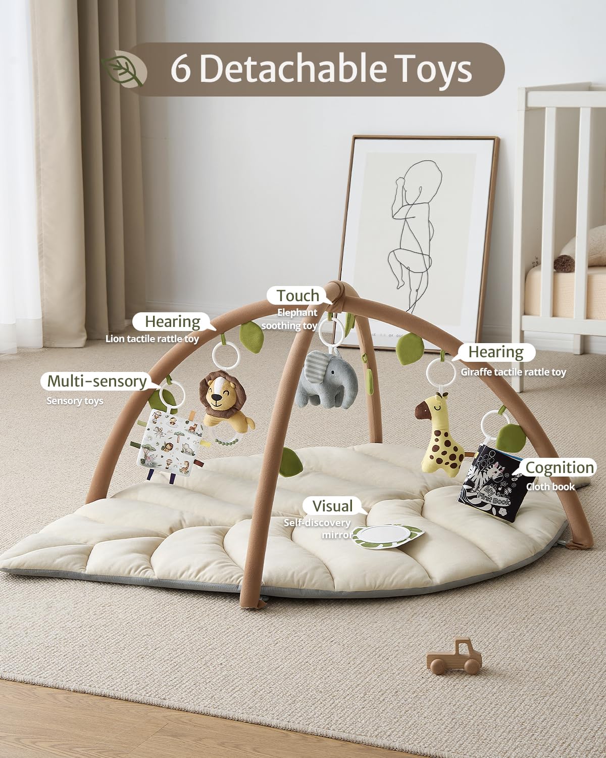 Blissful Diary Baby Play Gym & Activity Mat, Leaf Shaped Baby Tummy Time Play Mat with 6 Detachable Toys, Promotes Motor Skills & Sensory Development, Newborn Baby Essentials Gift, Oatmeal Beige