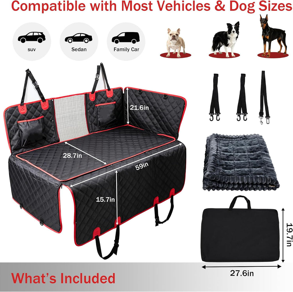 Dog Car Seat Cover for Back Seat with Soft Blankets, New Upgraded Waterproof Dog Hammock with Mesh Window, Wear-Resistant Hard Bottom Back Seat Holds 500 lbs, 66"x60"Size Fits Cars, Trucks, SUVs