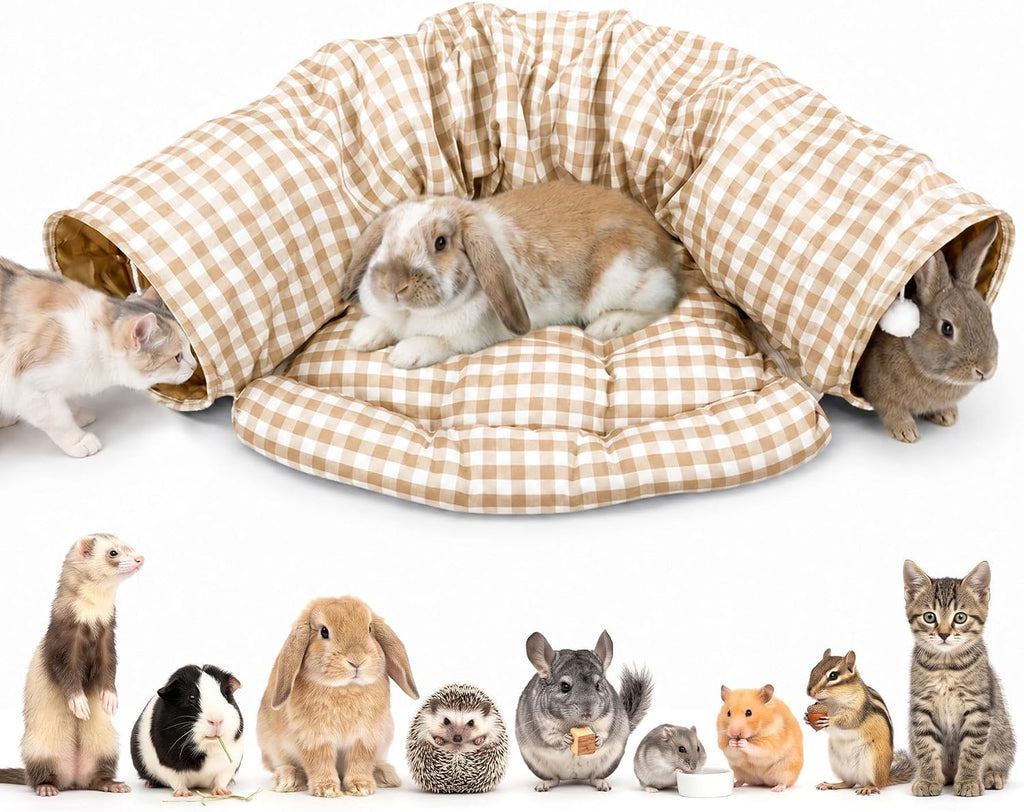 Bunny Tunnel Bed for Indoor Bunnies, 2-in-1 Collapsible Rabbit Tunnel with Removable Mat and Hanging Ball Toys, 46.8in Small Animal Hideout for Rabbits, Guinea Pigs and Ferrets, Yellow Plaid
