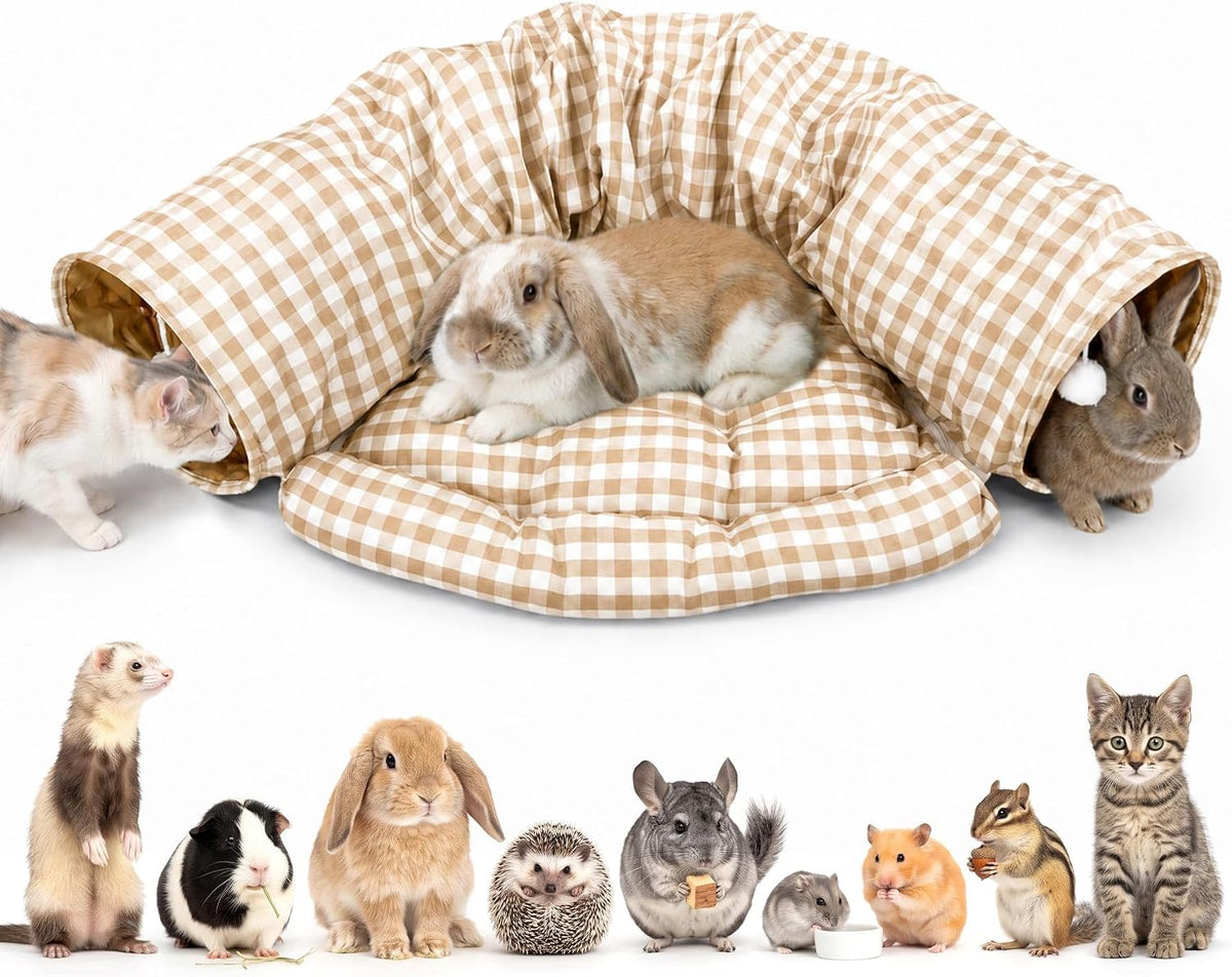 Bunny Tunnel Bed for Indoor Bunnies, 2-in-1 Collapsible Rabbit Tunnel with Removable Mat and Hanging Ball Toys, 46.8in Small Animal Hideout for Rabbits, Guinea Pigs and Ferrets, Yellow Plaid