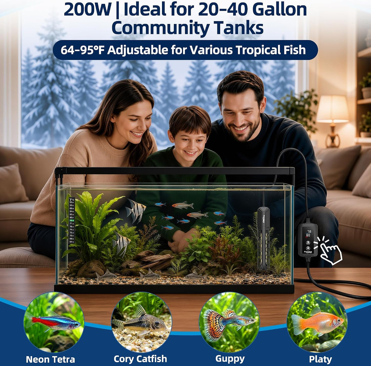 FREESEA Adjustable Aquarium Heater 20-50Gal: 200W 64-95°F Precise Control