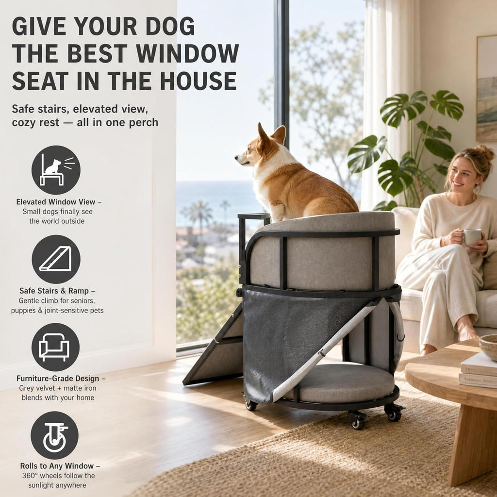 Dog Window Perch with Stairs – 6-in-1 Velvet Pet Sofa with Ramp, Detachable Feeding Tray, Privacy Blackout Curtain, 360° Locking Wheels & Memory Foam Cushion for Small Dogs and Cats.