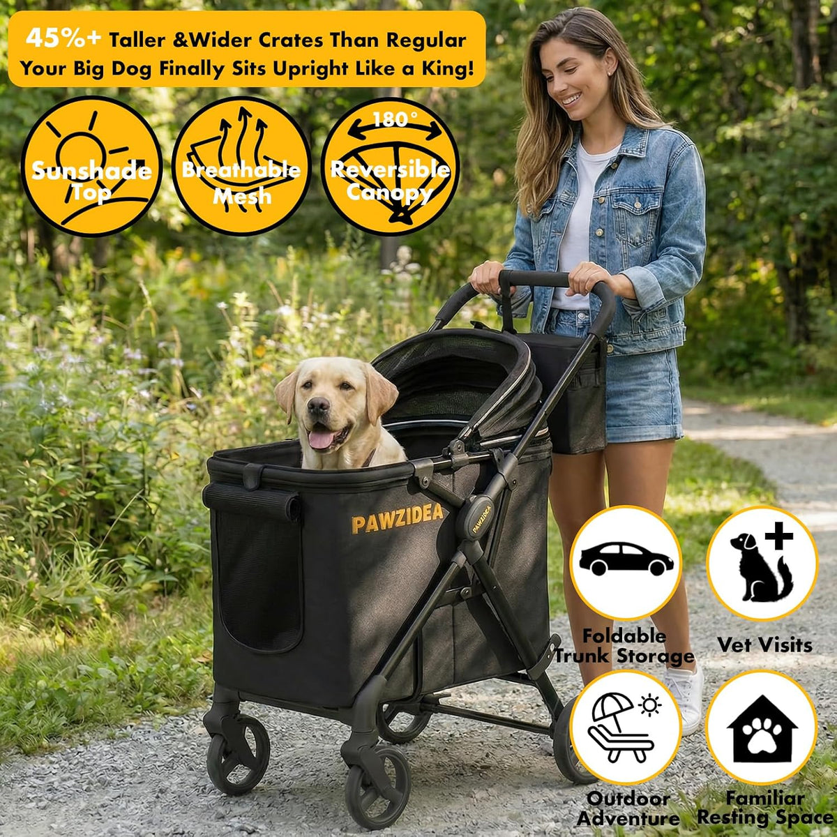 PAWZIDEA Pet Stroller for Medium to Large Dogs, One-Hand Foldable,Low-Entry