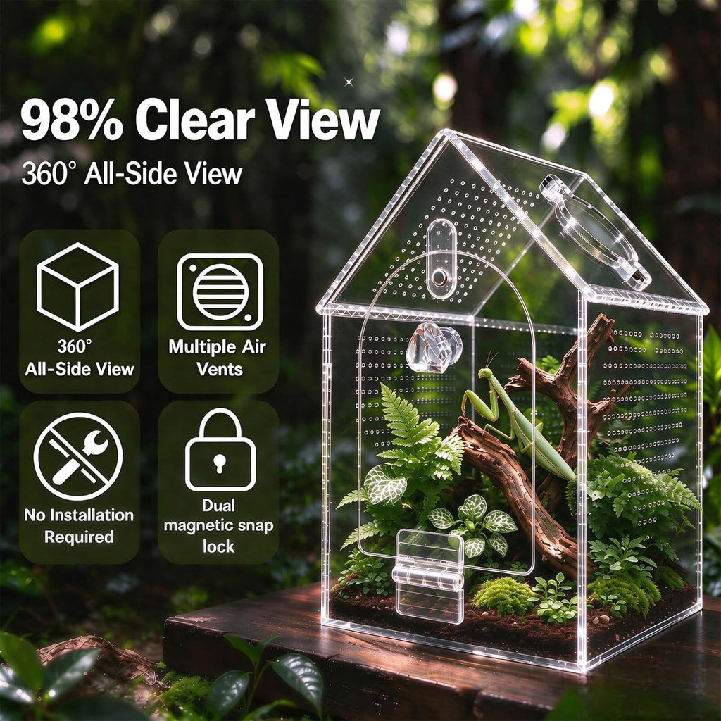 Jumping Spider Enclosure, Clear Acrylic Arboreal Terrarium with Front Opening Door, Escape-Resistant Ventilation, Starter Habitat Kit with Accessories for Sling, Baby Spiders and Praying Mantis
