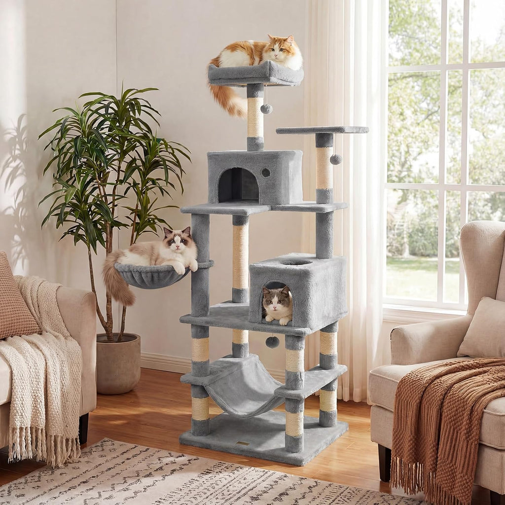 DORTALA Cat Tree for Indoor Cats, 66" Tall Cat Tower with 2 Condos, Sisal Scratching Posts, Plush Perch, Hammock, Dangling Balls, Multi-Level Pet Climbing Furniture Activity Center (Light Gray)