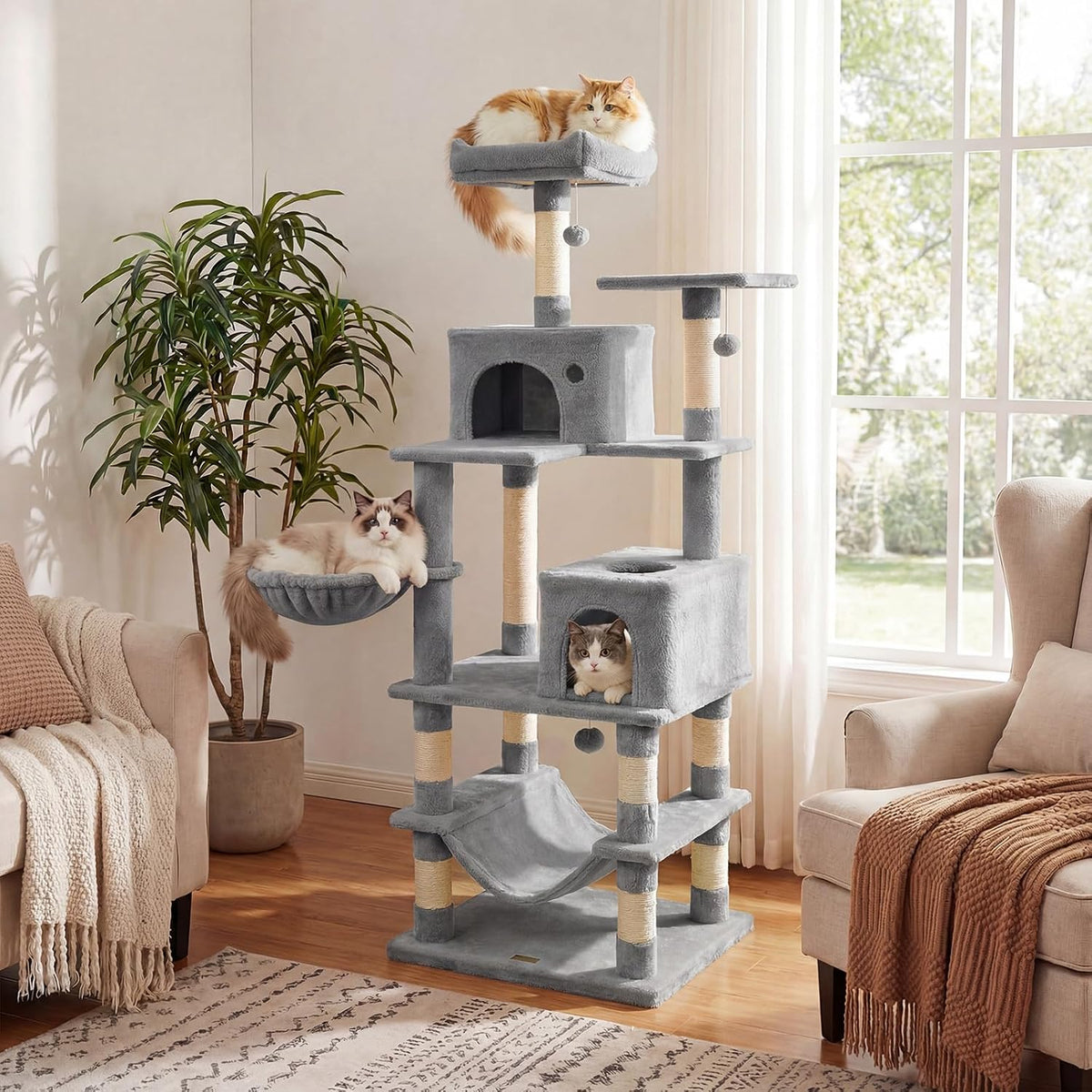 DORTALA Cat Tree for Indoor Cats, 66" Tall Cat Tower with 2 Condos, Sisal Scratching Posts, Plush Perch, Hammock, Dangling Balls, Multi-Level Pet Climbing Furniture Activity Center (Light Gray)