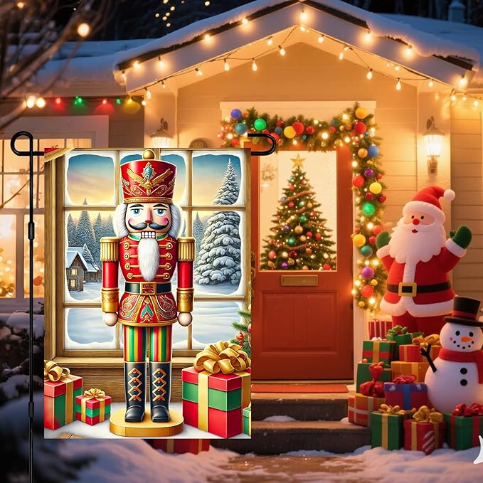 Christmas Garden Flag 12x18 Inch Nutcracker Soldier Decor Gift Box Snowy Pine - Image 2