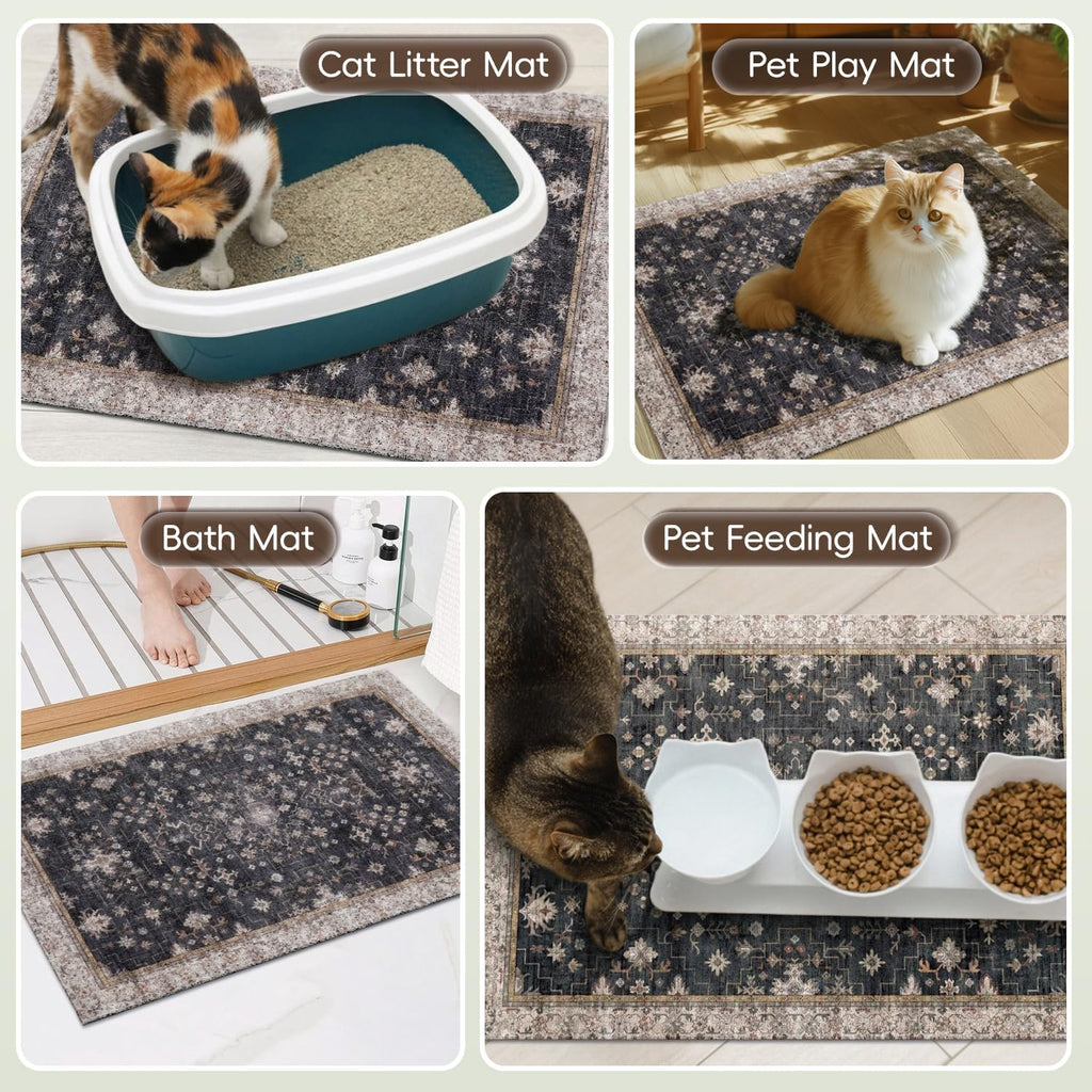Cat Litter Mat Litter Trapping Mat, 33"x22" Waterproof Urine Proof Litter Box Mat Catcher Mat Non-Slip Washable for Kitty Kitten, Black