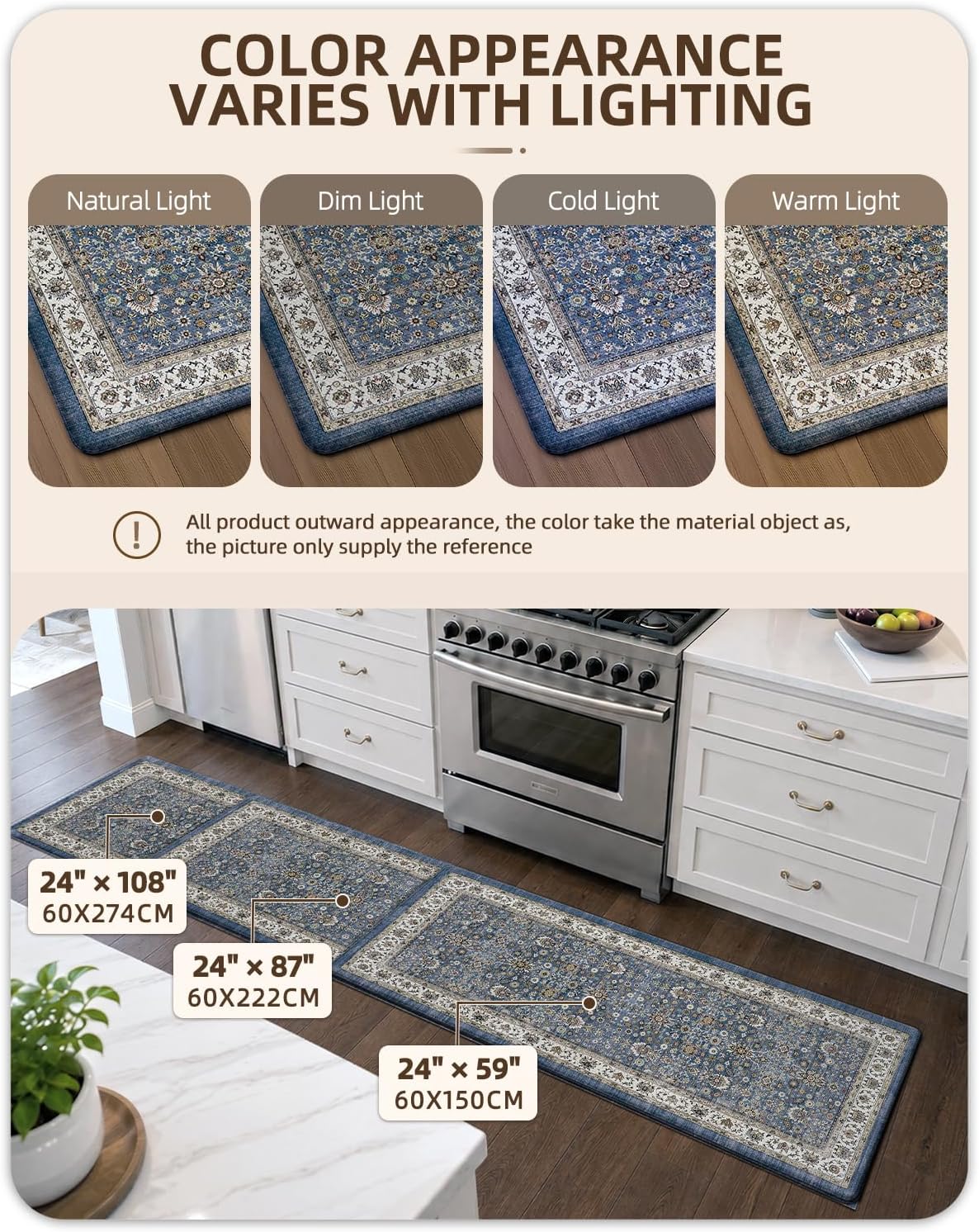 Color&Geometry Kitchen Floor Mat 24x59 Faded Vintage Anti Fatigue, Blue