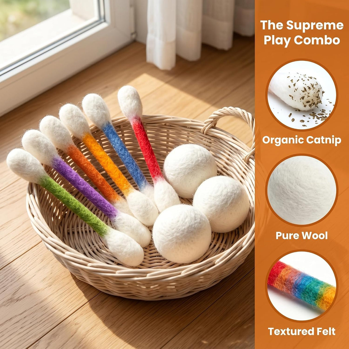 Catnip Cat Toys for Indoor Cats, 6 Jumbo Cotton Swab Kicker Sticks with 3 Natural Wool Balls, Quiet Chew Toy for Kittens