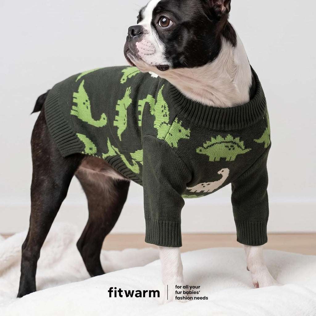 Fitwarm Dinosaur Dog Jacquard Sweater, Knitted Winter Clothes for Small Dogs Boy Girl, Cozy Pet Outfit, Dark Green, Olive, White, Medium