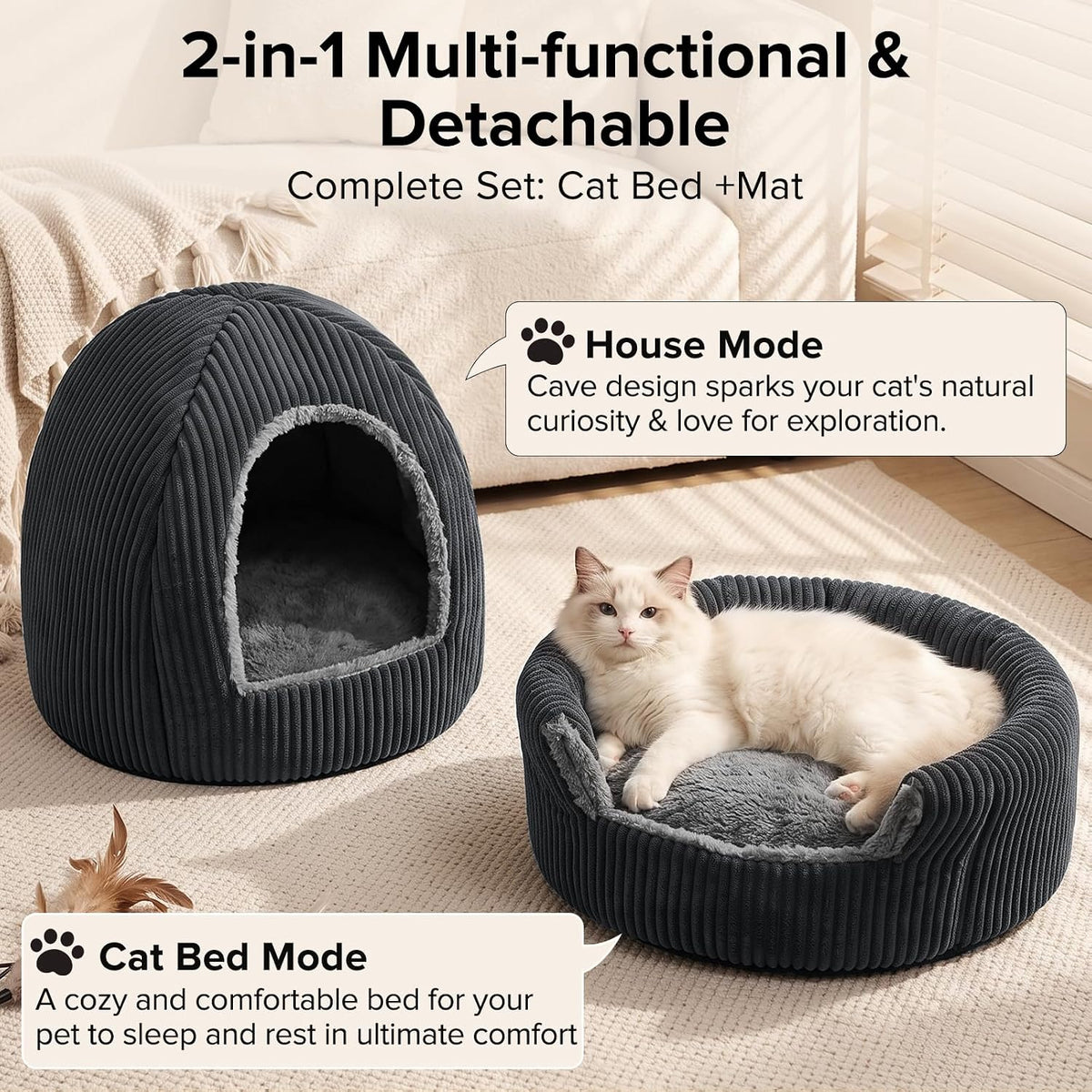 2-in-1 Cat Beds for Indoor Cats Cave Enclosed Bed with Washable Pillow