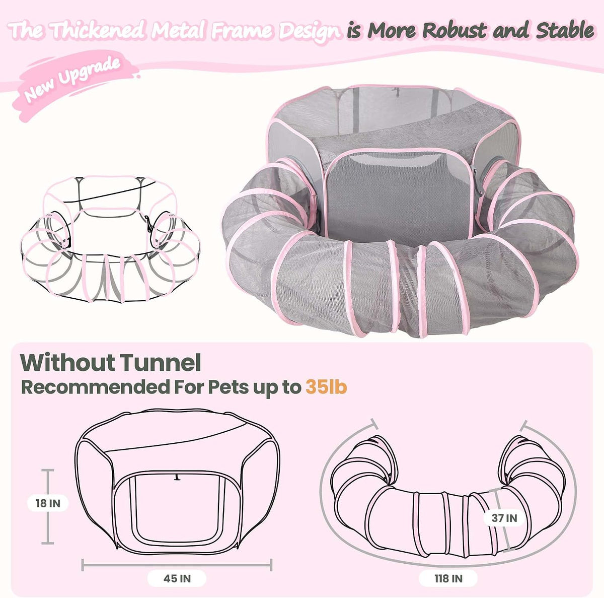 X-ZONE PET Portable Catio Playground, Outdoor Cat Enclosure, Enclosed Tent Playpen Tunnel for Indoor Cats & Small Animals, with Bag Storage 45 Inch Pink