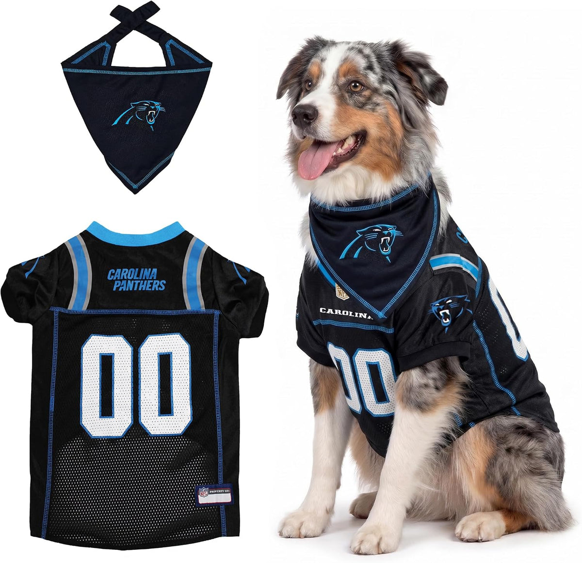 Pets First NFL Carolina Panthers Dog Jersey with Coordinated Tie Bandana Included, Size XX-Large Official NFL Pet Apparel, Breathable Mesh, Durable, Team Logo Design, Dog Sports T-Shirt