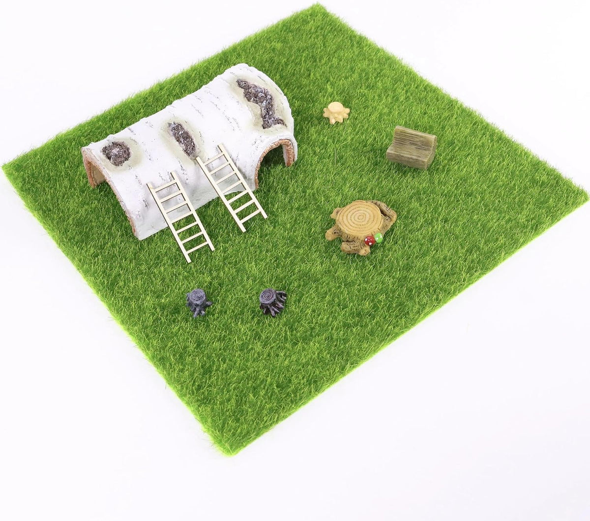 9 Pack Jumping Spider Habitat Decor Set with 11.8" x 11.8" Fake Grass Base, Faux Tree Bark Jumping Spider Hideout, Mini Ladders and Log Jumping Spider Décor, Natural Jumping Spider Enclosure Acce