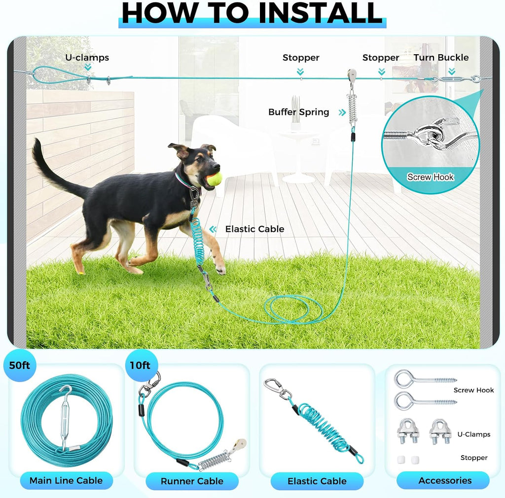 Dog Runner for Yard, Double Shock Absorption Dog Trolley System for Large Dogs, Heavy Duty 50FT Tie Out Run Cable with 10FT Leads, for Dogs Up to 250LBS,Aerial Zipline for Outside,Camping