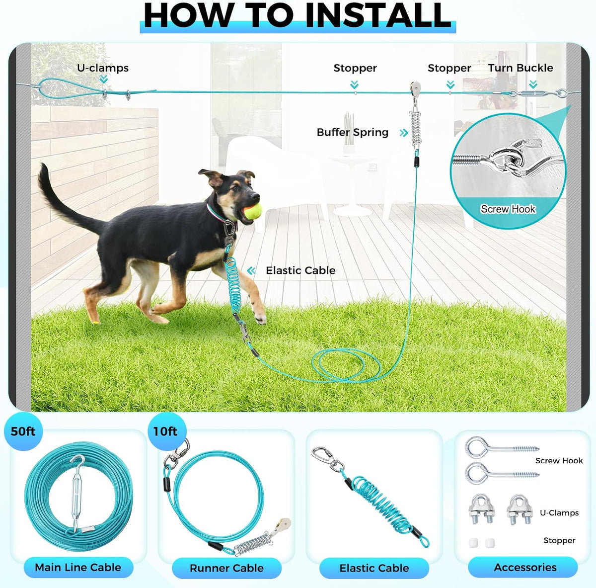 Dog Runner for Yard, Double Shock Absorption Dog Trolley System for Large Dogs, Heavy Duty 50FT Tie Out Run Cable with 10FT Leads, for Dogs Up to 250LBS,Aerial Zipline for Outside,Camping