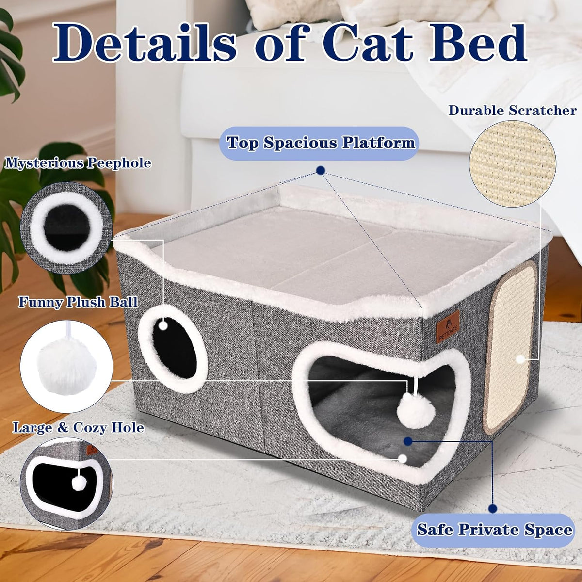 Extra Large Cat Beds for Indoor Cats, Covered Cat Cave Beds & Furniture with Scratch Pad and Fluffy Ball, Foldable Cat Condo Hideaway with Reversible Cushion for Multi Small Pet Large Kittens, Grey