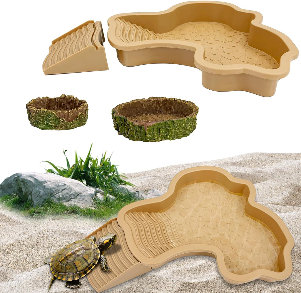 3PCS Tortoise Habitat Accessories, Creature Bathing Pool with Ramp & Basking Area, 2PCS Simulation Tree Stump Feeding Dish for Turtle Gecko Frog Semi-Aquatic Species (Yellow)